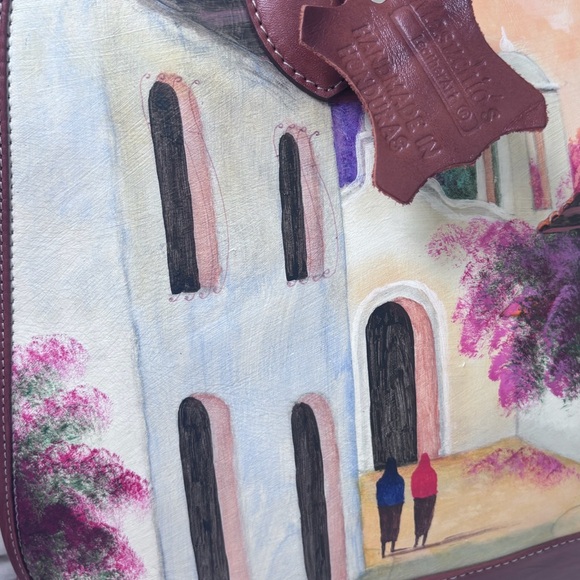 Hand-Painted Leather Tote Bag – Maschio’s Honduras Scenic Painting Brown Leather